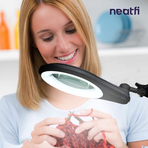 Neatfi (New Model) Bifocals 1,200 Lumens Super LED Magnifying Lamp with Clamp, 5D + 20D, Dimmable, 60 Pcs SMD LED, 5 Inches Diameter Lens, Adjustable Arm (5 Diopter + 20 Diopter, Black) in Kuwait