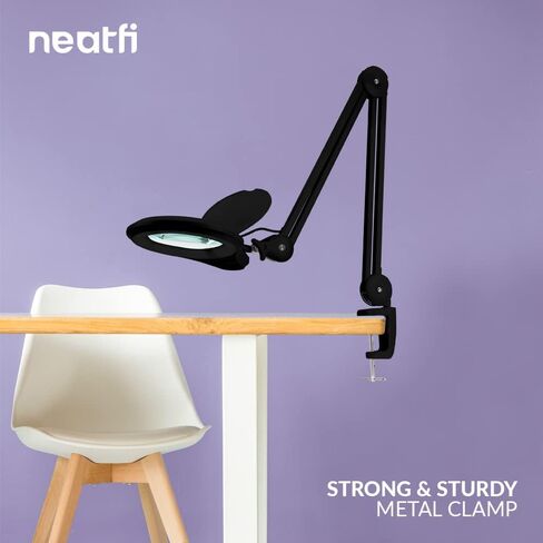 Neatfi (New Model) Bifocals 1,200 Lumens Super LED Magnifying Lamp with Clamp, 5D + 20D, Dimmable, 60 Pcs SMD LED, 5 Inches Diameter Lens, Adjustable Arm (5 Diopter + 20 Diopter, Black) in Kuwait