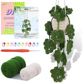 kdafio Crochet Kit for Beginners, Hanging Potted Plants Crochet Starter Kit with Step-by-Step Video Tutorials Complete Crochet Kit for Beginners Decoration (Green Plants)