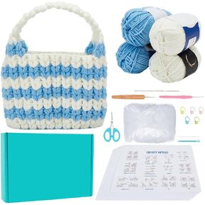 ACRNIGHEET Crochet Kit for Beginners Mixed Color Stripes Tote Bag Knitting Kit Supplies Includes Crochet Yarn and Hook Boho DIY Craft Kits Gift for Adults with Video Tutorial Crochet Starter Kit