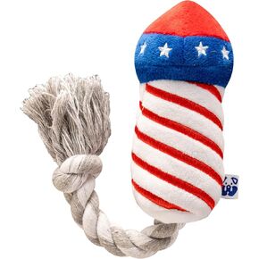 Fireworks Tug Rope Dog Toy - United States of America Fourth of July Interactive Pet Toy - Durable Chew Resistant Puppy Birthday Gift - Patriotic Flag Themed Cute Firecracker Squeaker Plush Toy