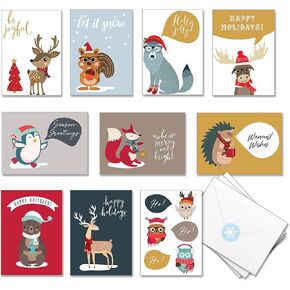 Holiday Greeting Cards with Envelopes and Stickers - Pack of 50 Merry Christmas Notes – 10 Unique Woodland Animals designs, Thick Cardstock, 4X6 Inch in a Sturdy Box, Blank Inside' (Mix)