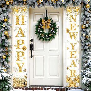 2Pcs Happy New Year Porch Sign Banner, White Gold New Year Porch Door Banner Decorations, Happy New Year Front Door Hanging Banner for New Years Eve Party Supplies 2025 New Year Party Decor