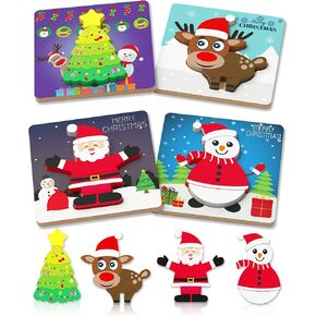 Benresive Christmas Wooden Toddler Puzzles Ages 1-3, Montessori Toys for 1 2 Year Old Boys Girls, 4 Pack Christmas Toddler Toys Birthday Gifts for 1 2 Year Old Boys Girls, Learning Educational Toys