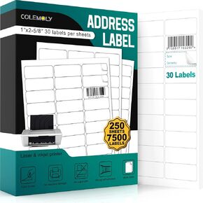 Address Labels 1’’x2-5/8’’ Stikcer Paper 30-UP 250 Sheets for Laser/Inkjet Printer Matte 7500 White Blank Printable Labels on 8.5x11 Inch for Mailing, Shipping, and Organizing