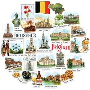 Navy Peony Beautiful Belgium Travel Stickers (28pcs)- Die-Cut, Watercolor, Brussels, Belgian-Themed Vacation Decals for Scrapbooks, Journals, Tumblers