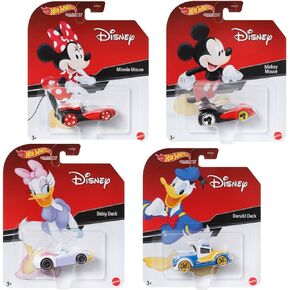 Hot Wheels Disney Character Cars Set of 4 Diecast Vehicles Bundle with Mickey Mouse, Minnie Mouse, Daisy Duck, and Donald Duck