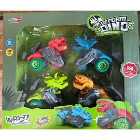 Impact Transforming Dinosaur Cars, Set of 4. Four Friction Powered Stunt Cars Transform Instantly on Impact.