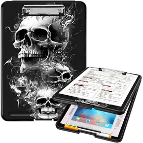 A4 Clipboards,Heavy Duty Waterproof Nursing Plastic Folder Clipboard with Storage Clip Boards,File Folder Storage Box Clipboard Case for Teacher,Doctor,Offices,Skull