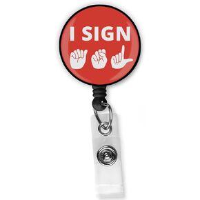 I Sign ASL Retractable Badge Reel Clip - American Sign Language Name Tag Holder ID for Lanyards Name ID Card Gift Red