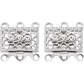 Pandahall 2Sets Metal Tone Brass Rhinestone Clasps Multi-Strand Box Clasps 3-Strand Rectangle Filigree Clasps Jewelry Findings 18x17x1.5mm Platinum