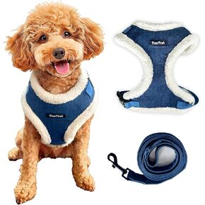 Luxury Winter Warm Soft Padded Dog Harness and Leash Set - Cute Dog Harness - Denim Harness for Small Dogs, Puppies, Large & Medium Breeds - Anti Pull Adjustable Harness for Boys & Girls (Large)