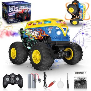 School Bus Remote Control Car, 1:20 RC Stunt Bus Car, 2.4GHz All Terrain 360° Rotating Monster Truck Toys, 15KM/H RC Cars with Spray, Music, LED Lights, Rechargeable Battery, Gift for Kids Boys Girls
