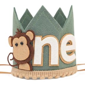 Monkey Theme One Birthday Crown - Wild One Olive Green Jungle Safari Hat,First Birthday Decorations, Monkey Theme Party Supplies for 1st Birthday,First Birthday Photo Props for Boys
