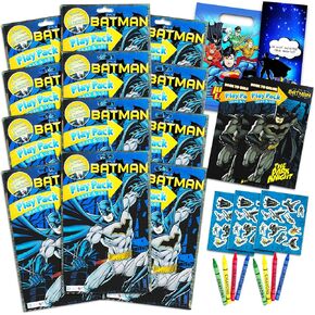 DC Comics Batman Party Favors Pack ~ Bundle of 12 Batman Play Packs Filled with Stickers, Coloring Books, Crayons with Bonus Loot Bags, Harley Quinn Patches, and Door Hanger (Batman Party Supplies)