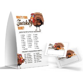 What's Your Turkey Name Game, Thanksgiving Party Games for School Classroom Children Activities, 1 Sign and 50 Name Tag Stickers, Birthday Party, Thanksgiving Party Favors -JJ031