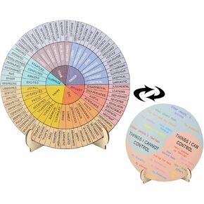 Feelings Wheel Therapy Office Desk Decor, 2 Sets of Wooden Double Sided Mental Health Office Emotions Charts with Stand Therapist Gift for Home School Classroom Social Men Women