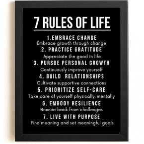 7 Rules of Life Motivational Quotes Wall Decor Poster, Framed, Inspirational Motto Canvas Print Wall Art Printed on Premium Cardstock Paper Black (8.5 x 11)