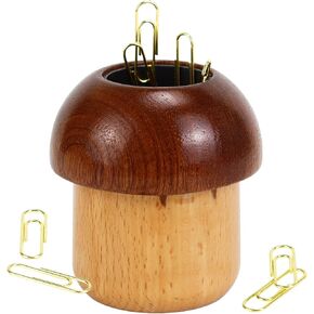 Wooden Mushroom Paper Clip Holder Magnetic Paper Clips Dispenser with 100pcs Gold Paperclips for Desk Office School Home Organizers Accessories Gift Idea (A)