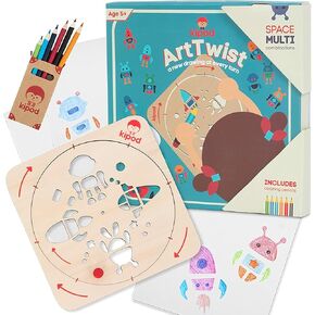 kipod ArTwist Rotational Space Stencil Wooden Spaceship & Alien Themed Drawing and Tracing Kit for Boys and Girls Ages 5+ – Montessori Inspired Arts & Crafts – Includes Colored Pencil Set