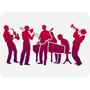 FINGERINSPIRE Jazz Band Stencil 11.7x8.3inch Reusable Orchestra Drawing Stencil Large Size Guitar Saxophone Piano Music Theme Stencil for Painting on Wall, Wood, Furniture, Fabric and Paper