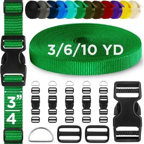 TECEUM Buckles & Strap Kit – 3/4" Green Nylon Webbing 6 (yd) – 6 Heavy Duty Adjustable Plastic Buckles – 12 Tri-Glide Slide Clips – 3 Metal D-Ring – Ideal Straps for Arts Crafts Outdoors Indoors DIY