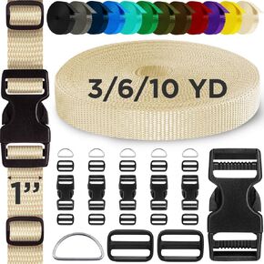 TECEUM Buckles & Strap Kit – 1" Cream Nylon Webbing 6 (yd) – 6 Heavy Duty Adjustable Plastic Buckles – 12 Tri-Glide Slide Clips – 3 Metal D-Ring – Ideal Straps for Arts Crafts Outdoors Indoors DIY