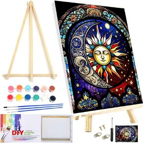 Paint by Numbers Kit for Adults,Stained Glass Paint by Numbers Kit for Beginner Sun Moon Paint by Numbers Kits for Home Table and Gift for Wall Decor 12x16 inch Framed and Easel