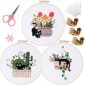 WEENEO Black Cat Embroidery Kit for Beginners Floral Plant Needlepoint Kit for Adults Cross Stitch Starter Kit with Embroidery Hoop Needles,Threads and Stamped Embroidery Patterns,3 Embroidery Set