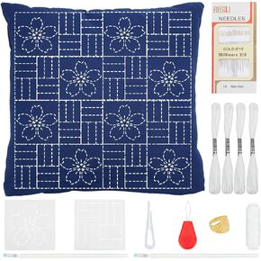 WEBEEDY DIY Sashiko Pillowcase Template Set for Traditional Japanese Sashiko Pattern Fabric Pillowcase Embroidery Kit Stitching Sashiko with Video Instructions for Home Sofa Bedroom Decor, 40x40cm