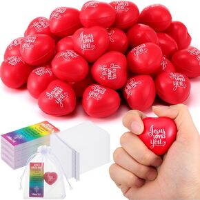 Zubebe 24 Sets Christian Jesus Loves You Heart Stress Balls Gifts Sets with Jesus Cards and Organza Bags 1.57 Inch Religious Motivational Stress Balls Jesus Bible Toys Valentines Day Baptism Gifts