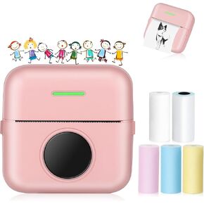 Portable Printer, Sticker Printer with 5 Rolls Thermal Paper, Gift for Kids, Friends, Monochrome Printer for Pictures, Photos, Journals, DIY, Compatible with Android or iOS APP