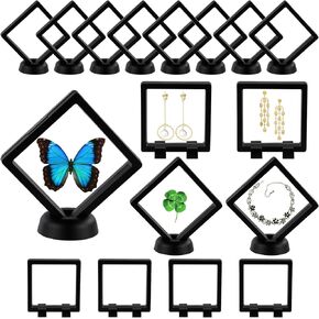 12 PCS Floating Display Case, KUAOOAUK 3D Coin Display Frame Stand, Transparent PE Film Jewelry Storage Box for Challenge Coins AA Medallions Fossils Rocks (Black, 3.5 x 3.5 x 0.8 Inches)