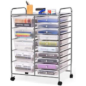 FANTASK 15 Drawers Rolling Storage Cart, Multipurpose Mobile Rolling Drawers Craft Organization w/Drawers & Wheels, Utility Storage Organizer Carts for Scrapbook Paper Supply Kids School Office Home