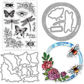 INFUNLY 3PCS Butterfly Stamp and Die Set Dragonfly Bee Transparent Silicone Stamp Frame Cutting Dies Flower Beetles Clear Stamp and Die Cuts Embossing Stencil for Card Making DIY Scrapbooking Album