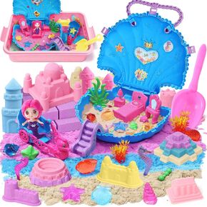 Ocean Mermaid Sensory Bin for Girl Kid Toy, Big Sea Shell Playset/Sandbox/ 2lb Colored Sand/ 6 Castle Model, Mermaid Sensory Toys Christmas Birthday Gift for Toddlers Girls Age 3 4 5 6 7 8
