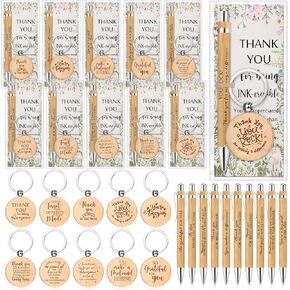 30 Sets Employee Appreciation Gifts Inspirational Bamboo Pens with Wooden Keychain Thank You Cards Team Building Gifts (Flower)