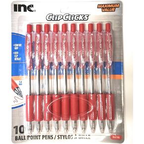Clip Clicks by INC - Retractable Comfort Grip Ball Point Pens - 1.0mm - 10 Pack - Red Ink