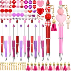 12 Set Valentine’s Day Beadable Pens, DIY Bead Pens Bulk Plastic Bead Pens with Colorful Crystal Wooden Beads Pendants Lobster Clasps for DIY Present Students Teens School Office Supplies…