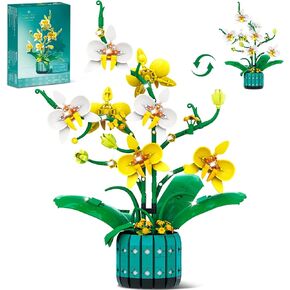 Orchid Flowers Building Set for Adults, 986PCS Yellow & White Plant Bonsai Kit with Vase, Artificial Bouquet Toy for Kids Women Her, Botanical Collection Home Decor Gift for Valentine's Day, Birthday