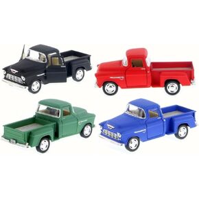 KiNSMART 1955 Chevrolet Step Side Pickup Truck, 1:32 Scale, Die Cast Metal, Set Of 4, 5 Inch Matt Black, Red, Green and Blue