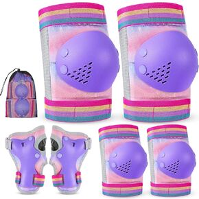 Knee Pads for Kids, Toddler Knee Pads and Elbow Pads Set Wrist Guards for Girls 3-12 Years, Adjustable Kids Protective Gear Set for Roller Skating Cycling Skateboard Scooter,Rainbow Gradient,3-8 Years
