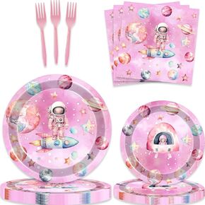 80 Pcs Outer Space Girls Birthday Decorations Astronauts Paper Dinner Plates Napkins Forks Dinnerware for Space Theme Girls Baby Shower 1st 2nd 3rd 4th Bday Party Decorations