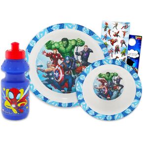 Marvel Avengers Dinnerware Set for Kids - Bundle with Bamboo Avengers Plate, Marvel Bowl, Spidey Water Bottle, Stickers, More | Avengers Dinnerware Set for Kids, Toddlers