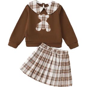 Kucnuzki Toddler Baby Girl Fall Winter Clothes Long Sleeve Ribbed Shirt Top Corduroy Mini Skirt Plaid A-line Dress Outfit