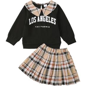 Kucnuzki Toddler Baby Girl Fall Winter Clothes Long Sleeve Ribbed Shirt Top Corduroy Mini Skirt Plaid A-line Dress Outfit