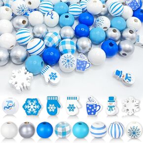 240Pcs Winter Wooden Beads for Crafts 16mm 20 mm Christmas Wood Beads Snowflake Snowman Round Blue White Beads for Jewelry Making Bracelet Necklace Keychain Garland Christmas Tree Office Home Decor