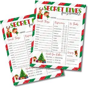 Secret Elves Gift Exchange Questionnaire | 50 Pk 8.5x11" Secret Santa Office Wish List Favorite Things Sheet This or That Christmas Holiday Striped