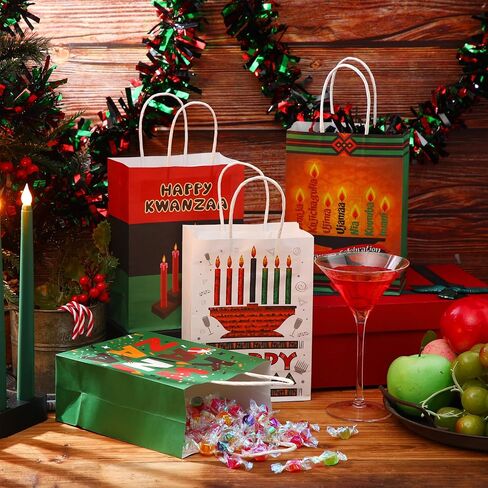 12 قطعة من أكياس هدايا كوانزا من Abbylike، أكياس هدايا ورقية من Kwanzaa مع مقبض، حقائب هدايا للحفلات من Kwanzaa، حقائب حلوى جيدة لتزيين مستلزمات الحفلات من Kwanzaa in Kuwait