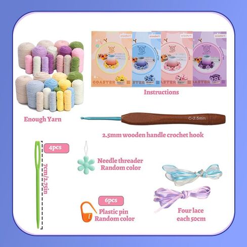 HAYOFADA Crochet Kit for Beginners with Step-by-Step Video Tutorials, Beginner DIY Craft Set, DIY Knitting Supplies Gift Beginner Crochet Kit Adults and Kids (13+) Complete Kit - Flower Coaster 4pack in Saudi Arabia